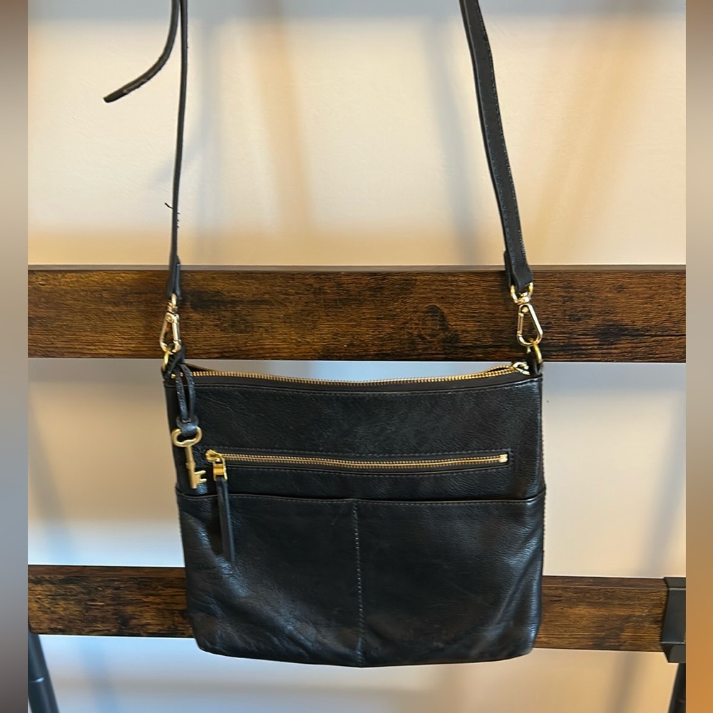 FOSSIL Black Leather Large Fiona Crossbody Bag